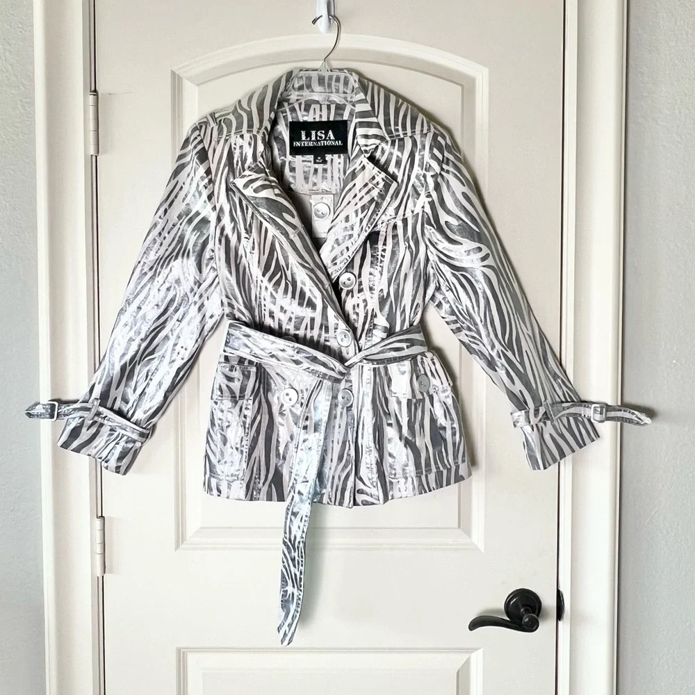 Lisa International Silver Metallic Zebra Print Double Breasted Belted Jacket M